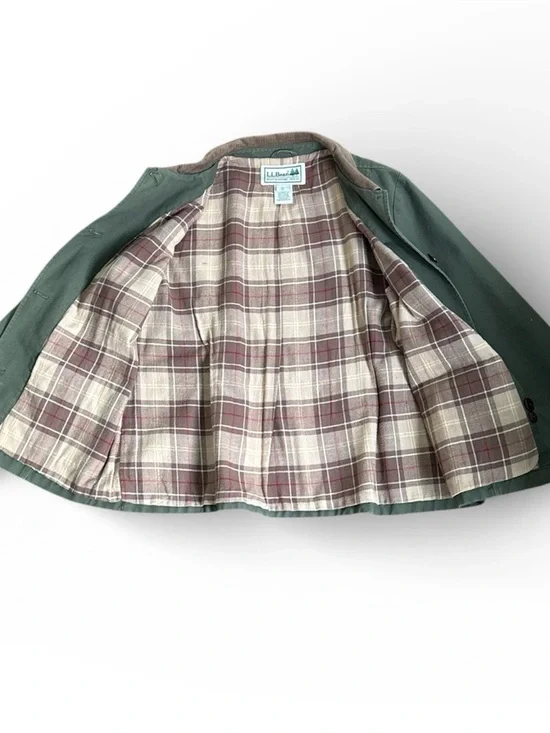 L.L. Bean Vintage Barn Coat Army Green Corduroy Collar Plaid Lined Women’s XL - Picture 4 of 7